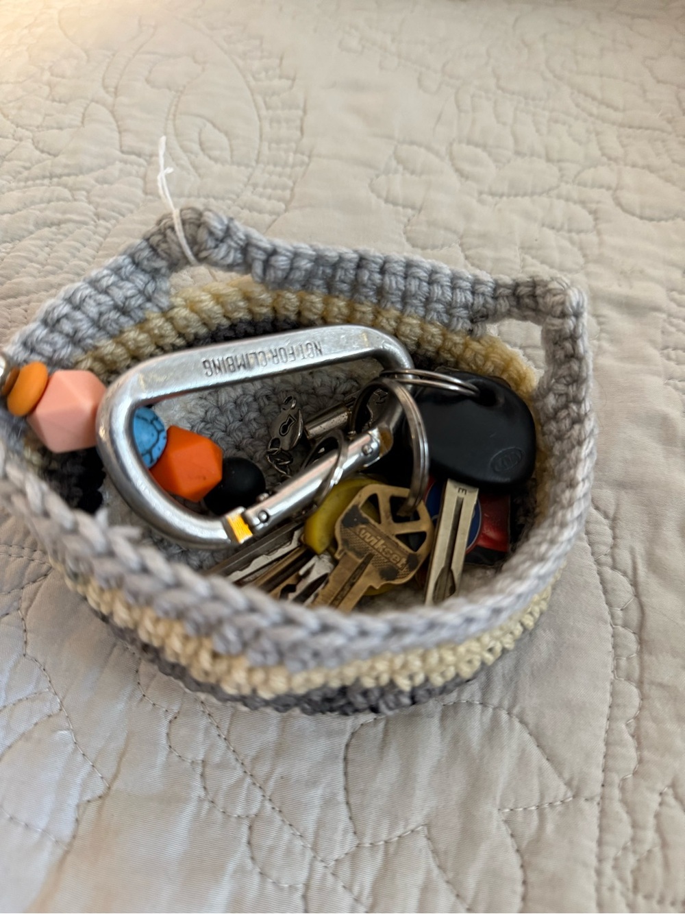 Handmade Crochet Catchall Bowl in Gray and Cream - Small Home Organizer